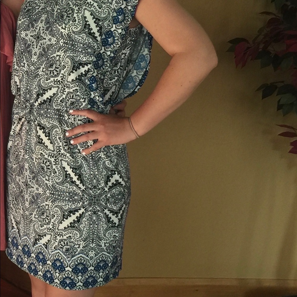 Black, white, and blue patterned dress